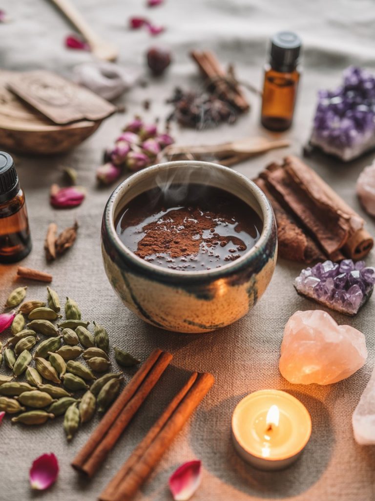 Zeremonielles Kakao-Ritual mit Kerzen, Kristallen, Gewürzen, Ölen