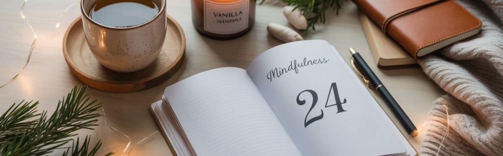 Tisch im Kerzenschein mit Tasse Tee, Kerze, Tannenzweigen, aufgeschlagenem Buch sowie Notizbuch und Stift