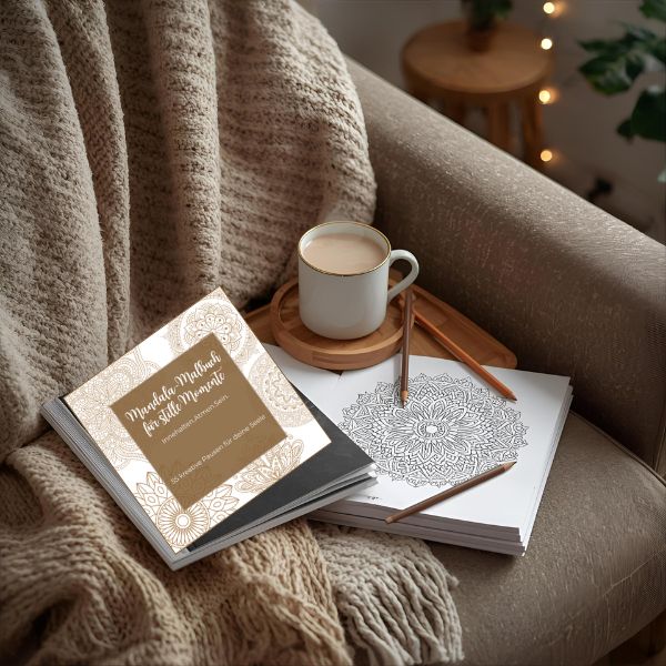 Sessel mit Decke, darauf Tasse Tee, Malbuch aufgeschlagen mit Stiften darauf